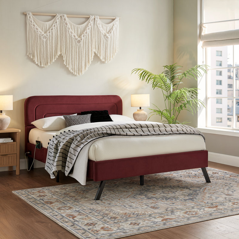 Alma Queen Size Upholstered Bed Frame 63.1 x 86.5 Modern Boho USB A C Power Storage Pockets Velvet, Queen, Burgundy
