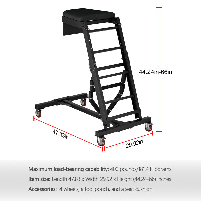 Tapis roulant professionnel réglable pour réparation de moteur de camion, hauteur de 44 à 66 po, capacité supérieure de 400 lb, pliable avec plateau à outils, noir