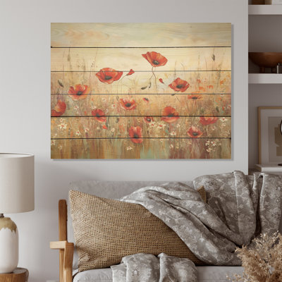 Champ de coquelicots rouges et dorés I - coquelicots, art mural sur bois de pin naturel