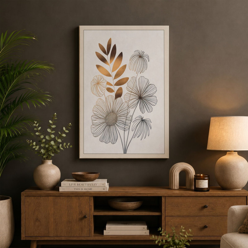 Study in Gold Botanical 1 Piece Wrapped Canvas Wall Art, 30x20 - 76.2 x 50.8 cm, Terracotta Border
