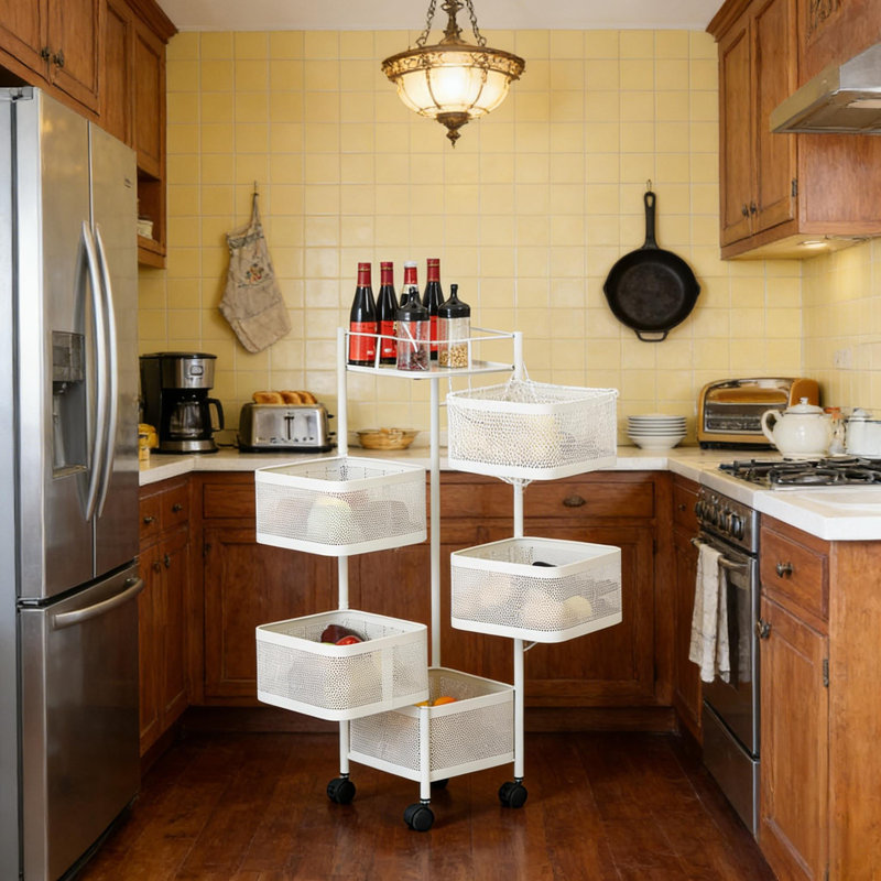 Chariot utilitaire roulant à 5 niveaux avec roulettes - rotatif à 360 ° pour la cuisine, Blanc