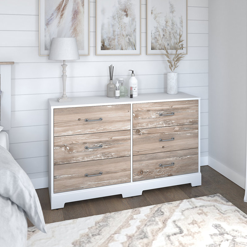 Commode double 6 tiroirs Torkelson River Brook, Suède blanc chêne / bois de grange
