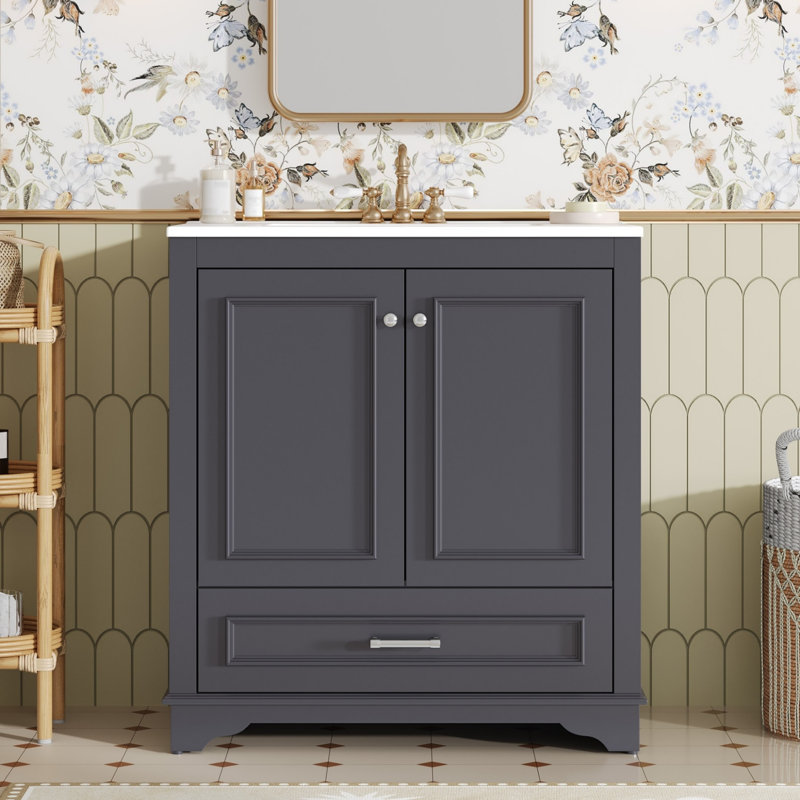 30" Single Bathroom Vanity In Ceramic Sink Without Mirror, Blue