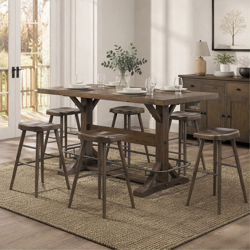 Ensemble de salle à manger de style pub, 7 pièces, fini brun, comprenant une table, un repose-pieds en métal et 6 tabourets sur une structure en bois robuste.
