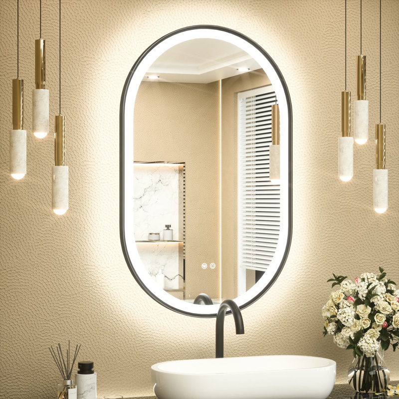 Bathroom Framed Dimmable Anti-Fog With 3 Colour Adjustment LED Mirror Front&Backlit Vanity Mirror, 32 po x 20 po, Noir mat