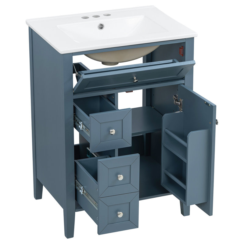 Meuble-lavabo de 24 po avec lavabo, lavabo en céramique, armoire de salle de bain avec 1 tiroir coulissant et 2 tiroirs de rangement coulissants, porte à fermeture en douceur avec support de rangement, pieds en bois massif, un paquet
