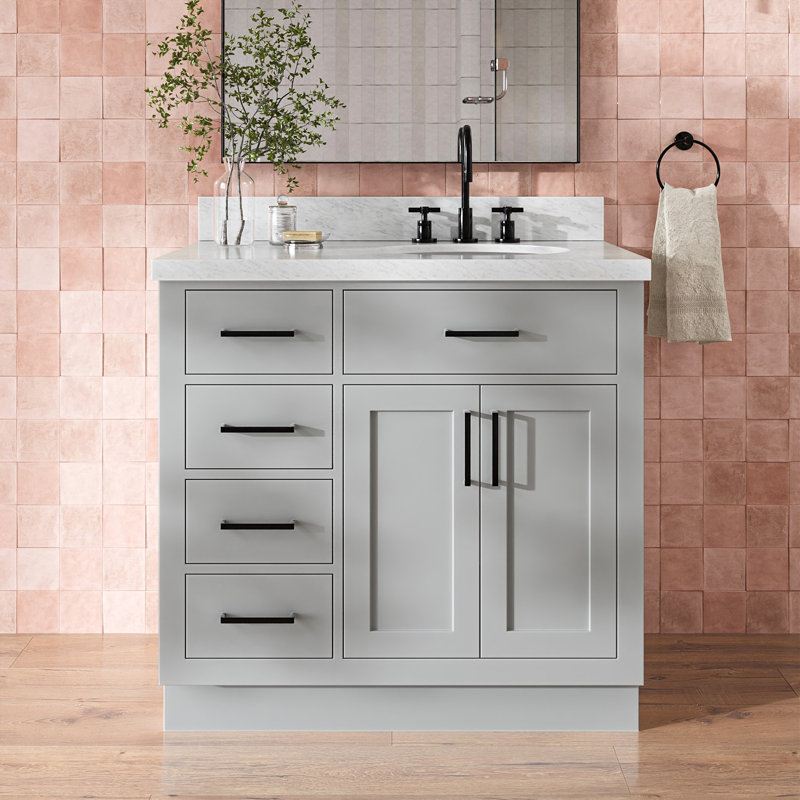 ARIEL HEPBURN 37 IN RIGHT OFFSET RECTANGULAR SINK VANITY 1,5 IN, Gray, Oval, Right