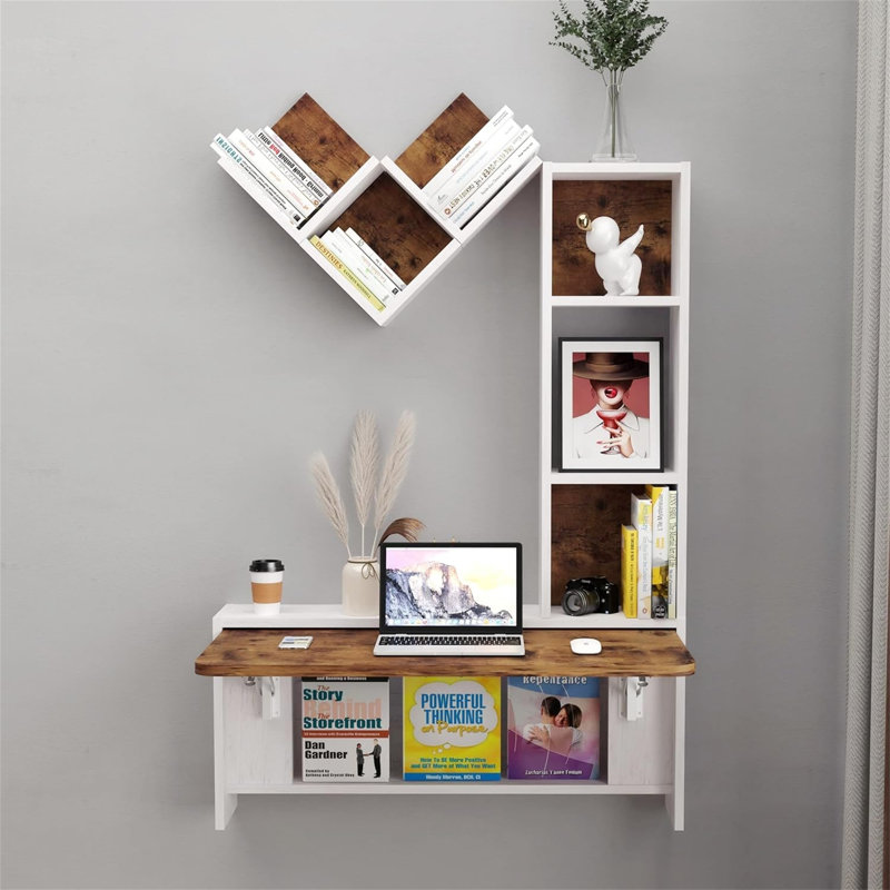 Folding Wall Mounted Drop Leaf Table, Foldable Desk With Moveable Cabinets, Floating Laptop With Convertible Storage Shelves, Multifunctional Computer Workstation In Home For Space Saving