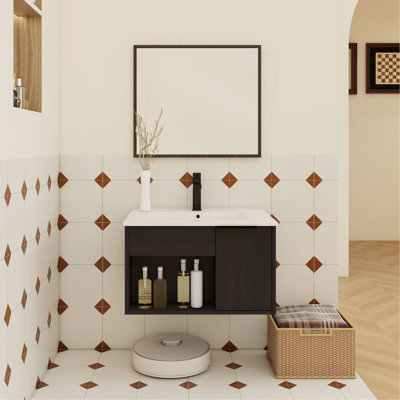 Meuble-lavabo flottant mural 24 po avec lavabo en céramique - Armoire moderne en chêne foncé avec tablette ouverte et porte à fermeture en douceur, conception peu encombrante (robinet et drain non inclus)