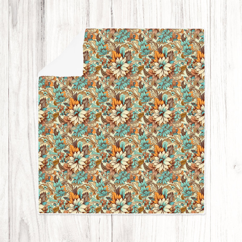 Throw Blanket, 50" W x 60" L, Floral, Light Orange/Blue