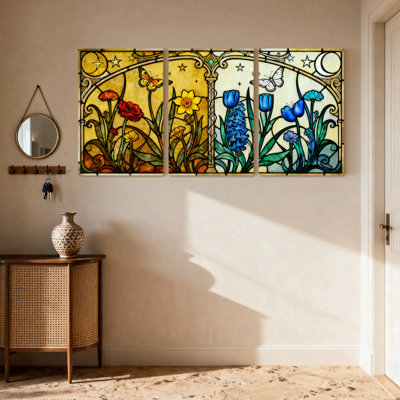 Stained Glass Garden Floral Set of 3 Canvas Wall Art Prints