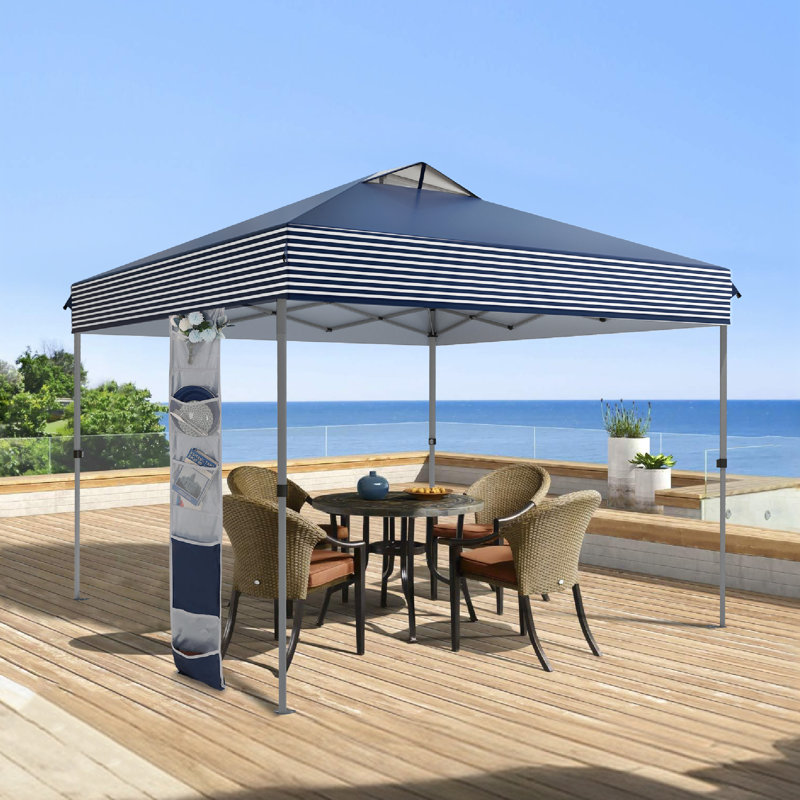 10X10Ft Pop Up Canopy Tent With Storage Bag, Navy Blue Stripe