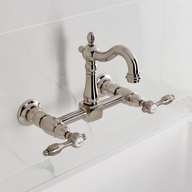Kingston Brass Tudor Double-Handle 2-Hole Wall-Mount Bridge Kitchen Faucet, Brushed Nickel