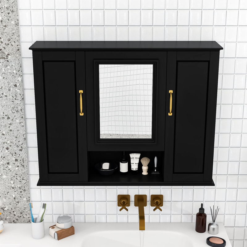 Armoire de salle de bain murale à miroir avec tablettes réglables, Noir