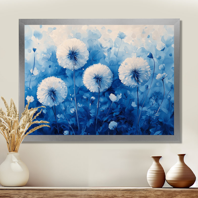 Doux pissenlit lueur dans l'aquarelle Blues I - art mural pissenlit, H 16 po x l 32 po, Cadre simple, Argent argent