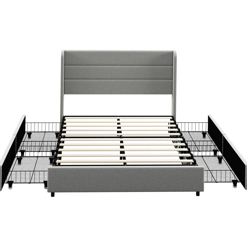 Lit plateforme double avec tête de lit et espace de rangement abondant - rembourré, sans bruit, facile à assembler, sommier tapissier, compartiments rembourrés gris, silencieux, à assembler,