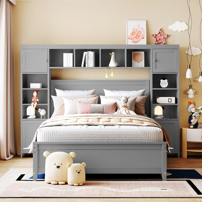  Wooden Bed with All-in-One Cabinet, Built-in Shelf, Practical Design for Maximum Storage Efficiency, Grey