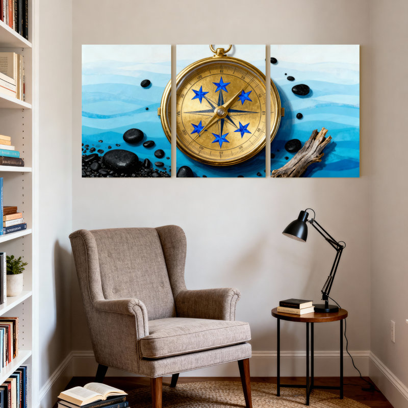 Boussole, étoiles, pierres d'eau, reflet, ciel flottant, ensemble de 3 impressions sur toile, H 18 po x l 36 po