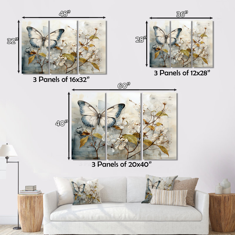 «Beige Butterfly Glimpse Of Serendipity» sur toile, ensemble de 3 pièces, H 40 po x l 60 po x P 1 po