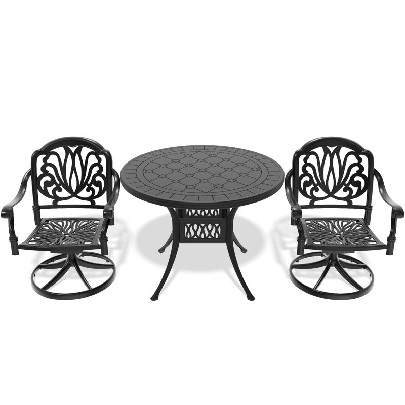 3 Aluminum Dining With 2 Swivel Chairs & 39.37" Table, Black, Weather , Comfortable Seating, Easy Assembly Procedure Cozy Simple Process