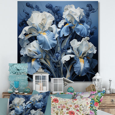 Minimalisme, jardin d'iris bleu et blanc sur toile