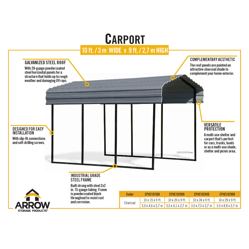 Charcoal Galvanized Steel Carport Kit with Black Frame