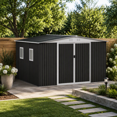 12x10FT Metal Garden Shed With Sliding Door 4 Windows design Apex Roof Storage Shed