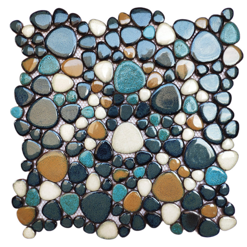 Sliced Porcelain Pebbles / Rocks Wall & Floor Tile, Teal/Brown