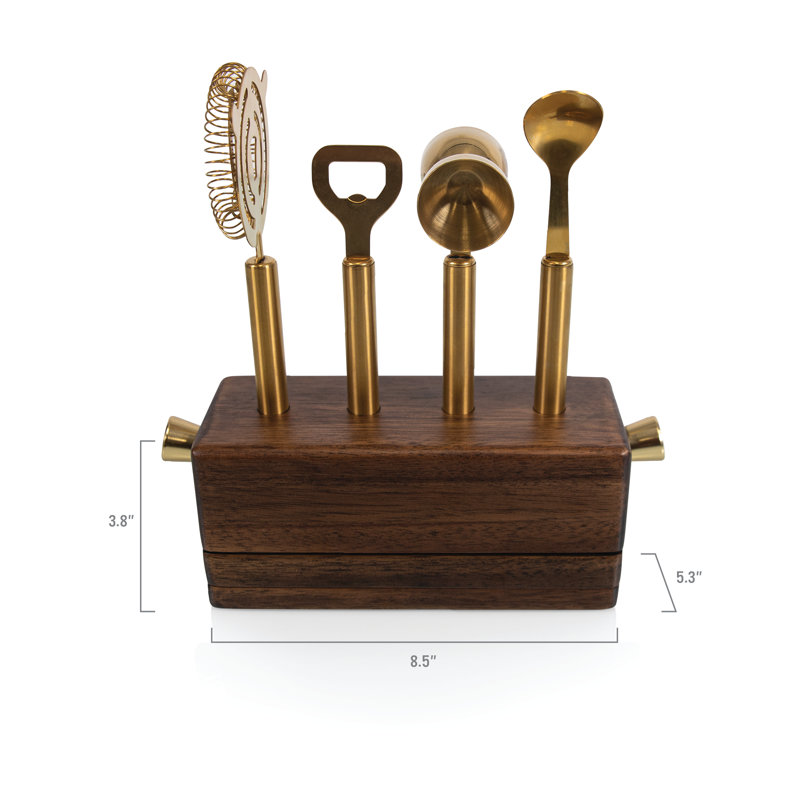 Acacia Wood and Brass 5-Piece Bar Tool Set with Strainer and Jigger