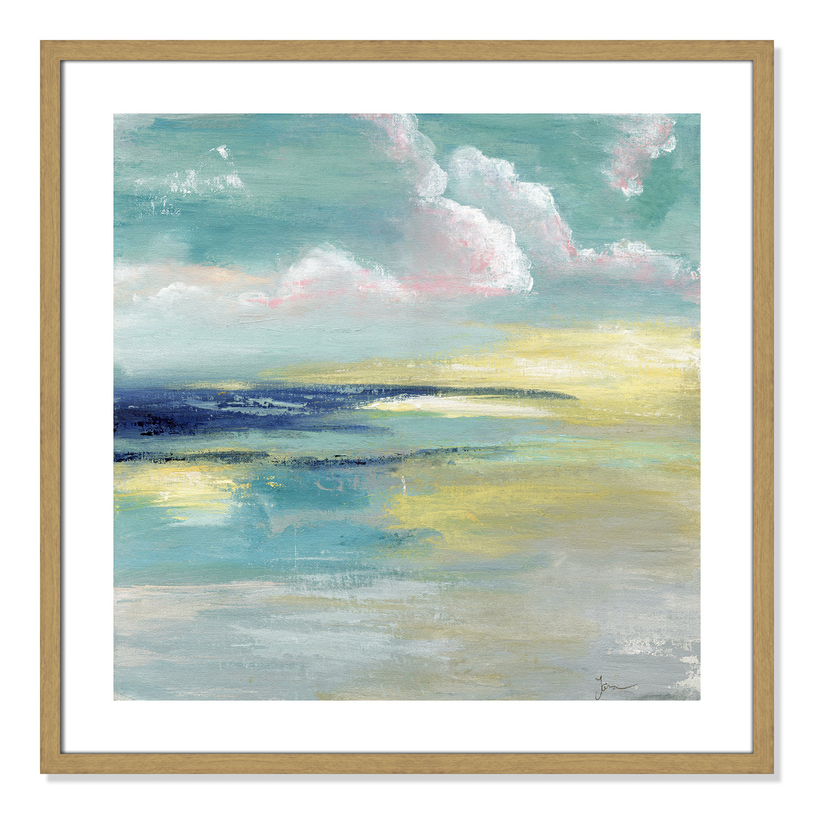 Bertie "Ocean View" Painting by Tava Studios, 28.75" H x 28.75" W x 0.75" D, Beige Wood Framed Paper