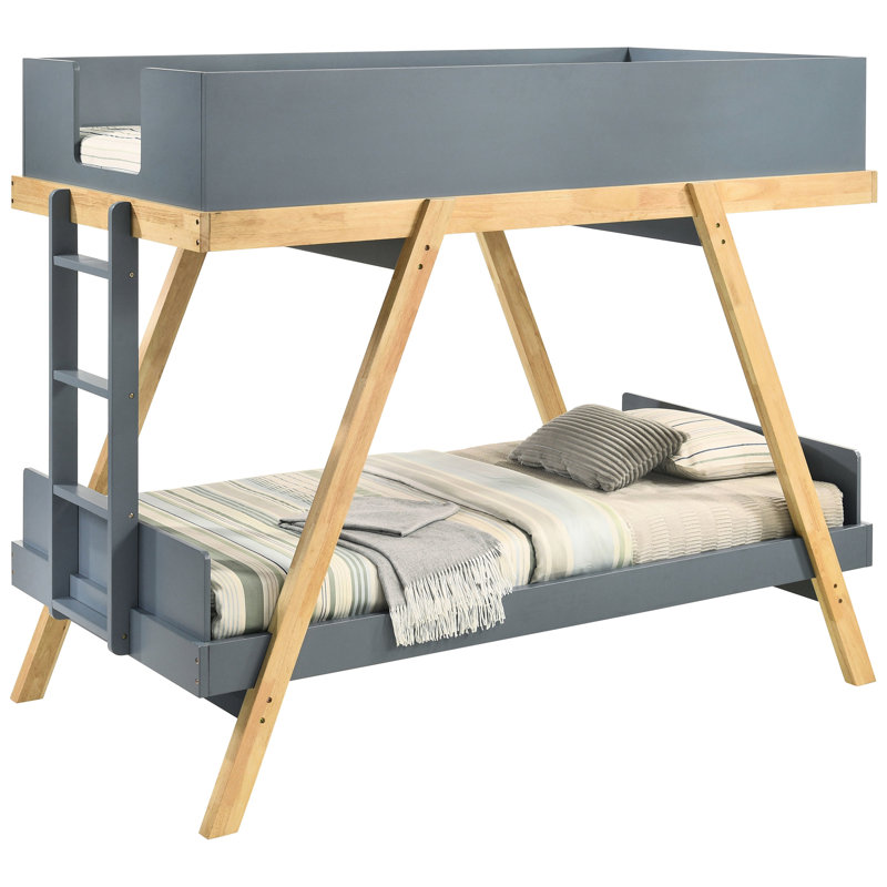 Lit superposé simple de style Mid-Century moderne avec supports en angle, rails à panneaux complets et structure en bois d'ingénierie bleu Access, support de style tréteau, rails