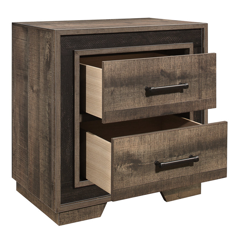 Table de chevet rustique avec détails en ébène foncé, table à 2 tiroirs, 2 chambres et finition