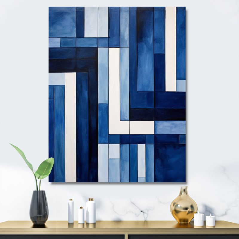 «Blue White Sapphire Symmetry I - Abstract Shapes», art sur toile, H 32 po x l 16 po x P 1 po, Toile tendue