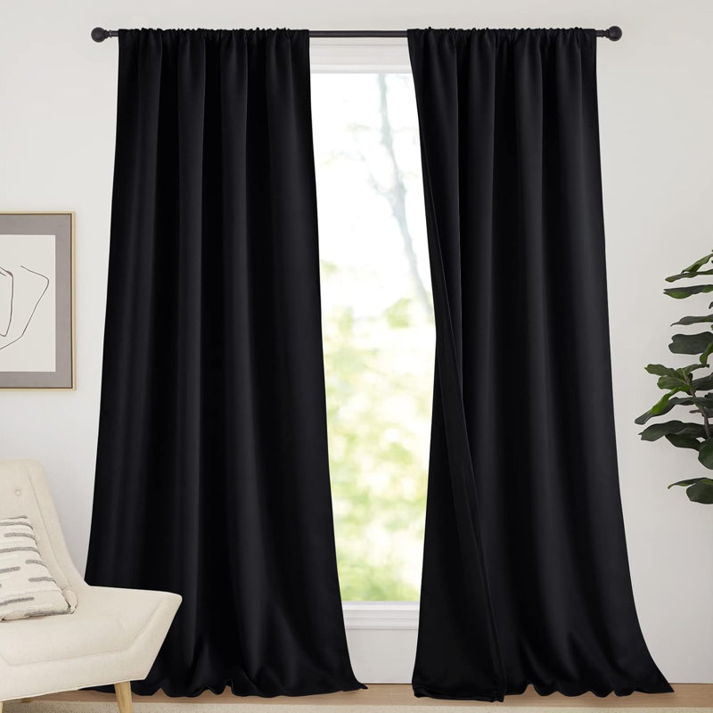 100% Blackout Curtains for Living Room, Privacy Protection & Noise Reducing Drapes, Black Lined Rod Pocket Window Treatment Curtain Panels, Set of 2