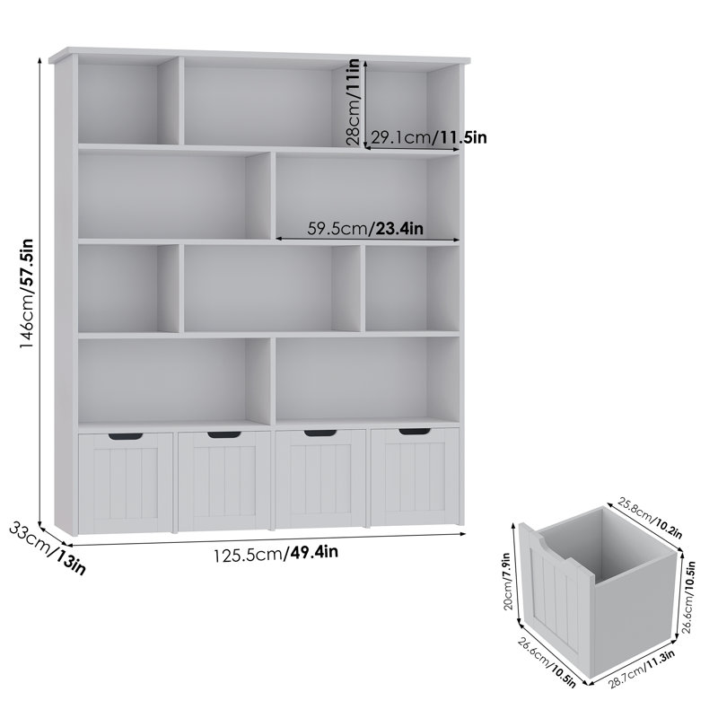 57.5"H 5-Tier Cube Storage Bookcase, Standard Bookcase with 4 Removable Drawers, Grey