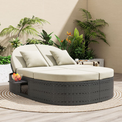 2-Person Rattan Chaise Lounge with Adjustable Backrests and Cushions for Patio or Poolside
