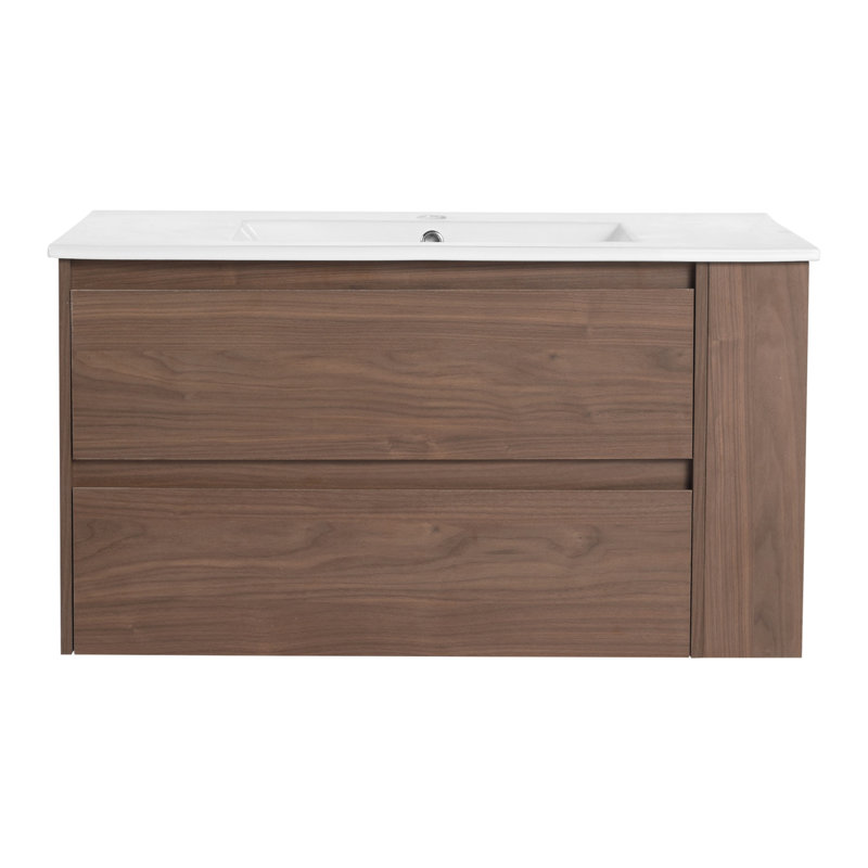 Meuble-lavabo mural 36 po avec lavabo en céramique, Chêne brun