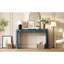 Console en bleu marine avec plateau ovale, grain de bois naturel, conception cannelée, rangement pour petit décor de hall d'entrée à deux tiroirs, détails de pieds industriels-702776534