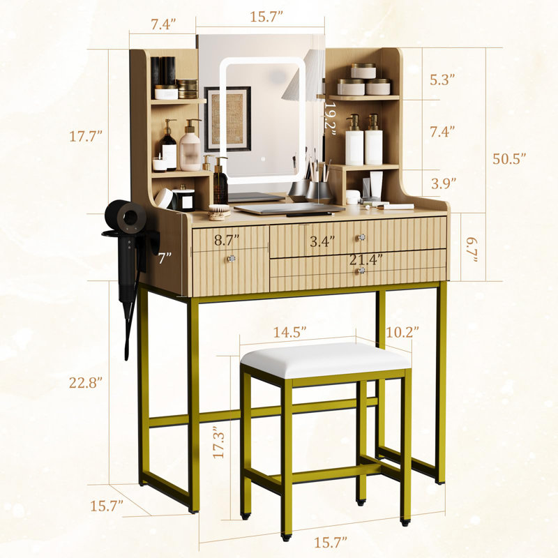 Dressing Table With Mirror And Lights 3 Drawers Charging Station And 6 Storage Shelves For Bedroom, Brown