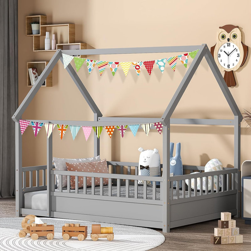 House Bed for Kids, Wooden Montessori Bed with Fence and Roof for Toddlers, Kids Floor Bed Frame, Twin