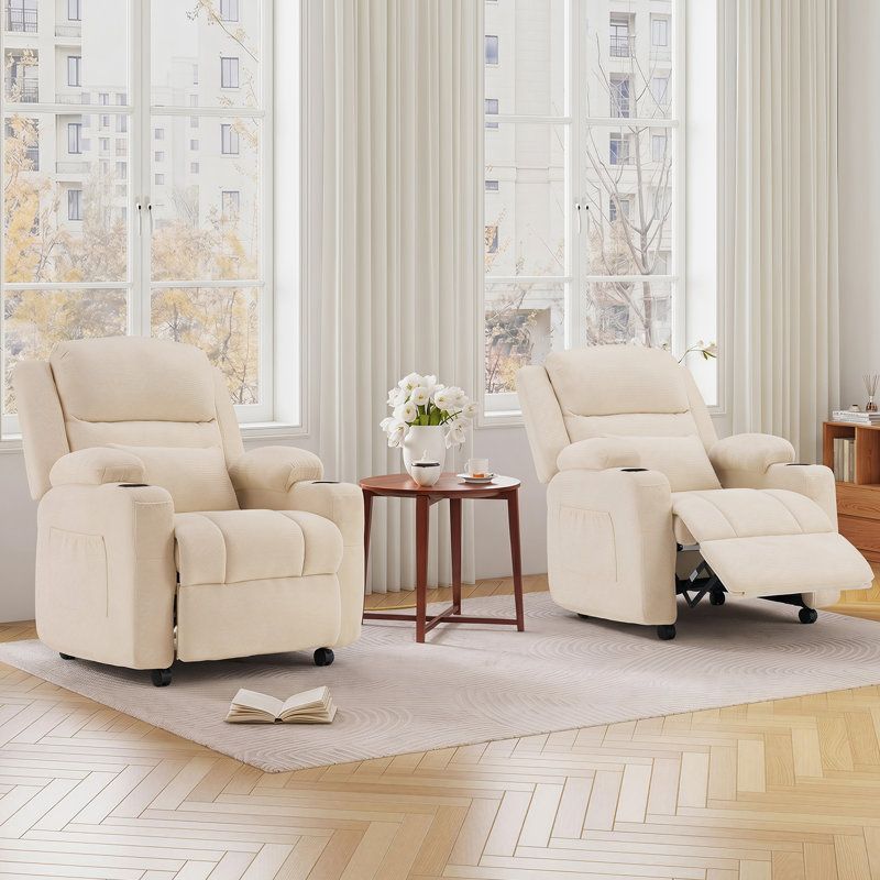 Fauteuil inclinable électrique moderne en tissu de chenille rembourré avec massage, siège pivotant à 360 degrés avec porte-gobelet