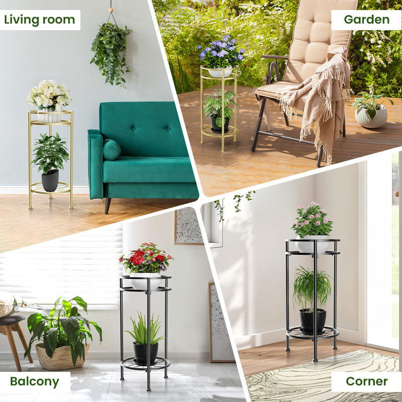 Support à plantes en métal à 2 niveaux pour plantes d'intérieur, étagère en fer antirouille, support d'angle de 60 cm de haut pour jardin, terrasse, balcon.