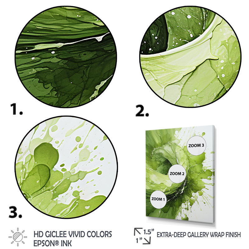 «Green and White Whsipering Abstract Spiral IV», art mural spirales abstraites, Cadre doré simple, H 32 po x l 24 po x P 1 po