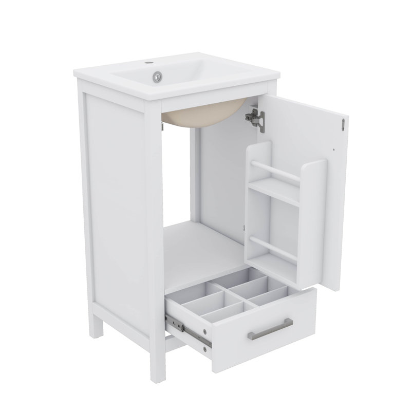 Meuble-lavabo moderne de 18 pouces avec lavabo en céramique et porte-cloisons en plastique, Blanc, 18", Trou simple