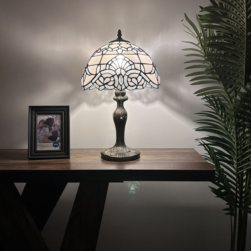 White Stained Glass Baroque Table Lamp with Bronze Base