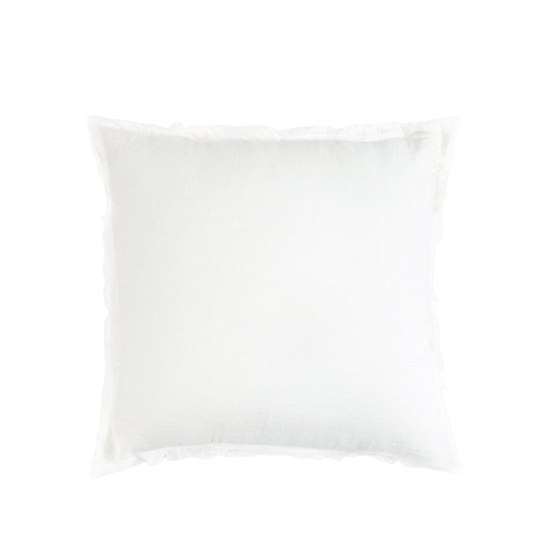 Bright White Linen Throw Pillow with Fringe Edges