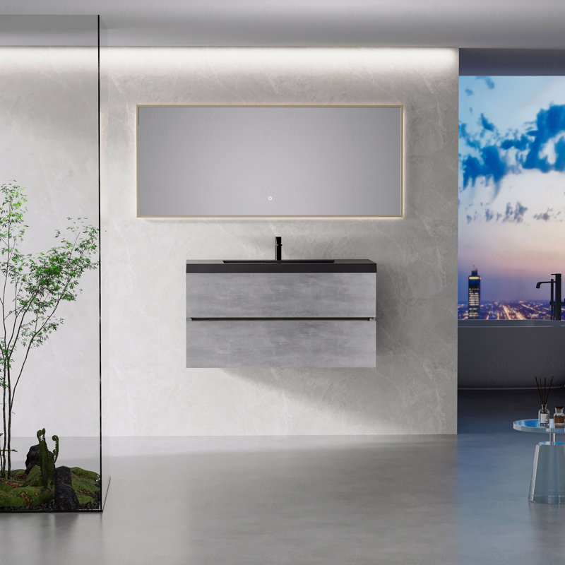 Meuble-lavabo flottant avec lavabo, meuble-lavabo mural moderne avec lavabo en quartz noir et tiroirs à fermeture en douceur