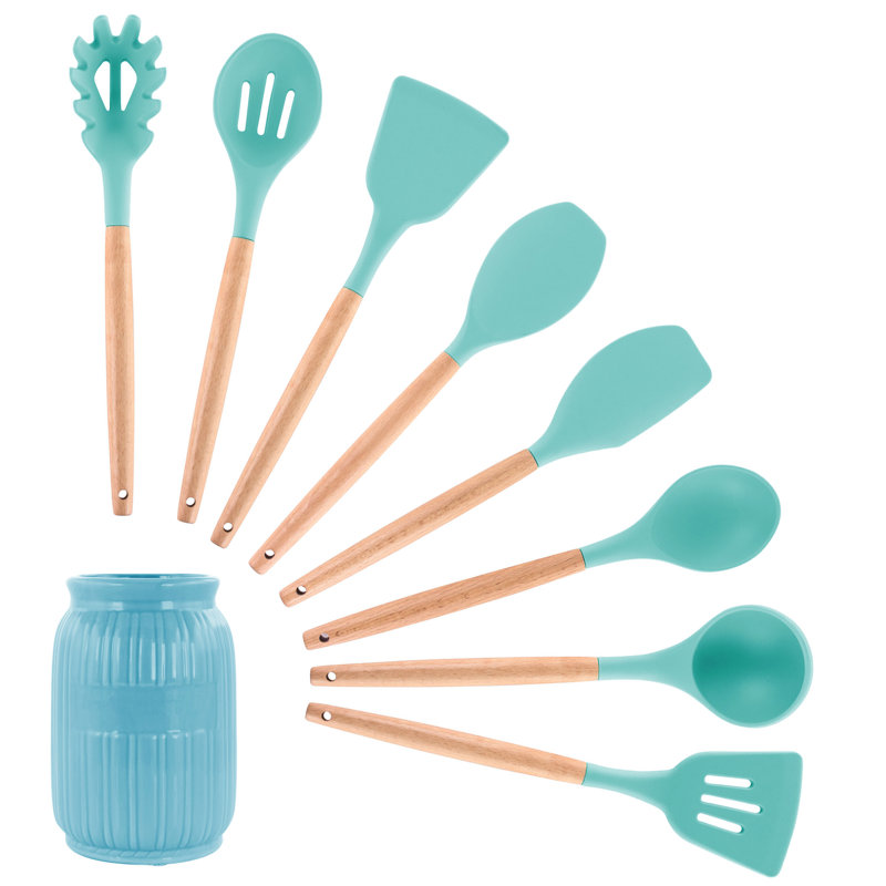 Ensemble d'ustensiles de cuisine en bois et en silicone 9 pièces Mega Chef, Bleu sarcelle