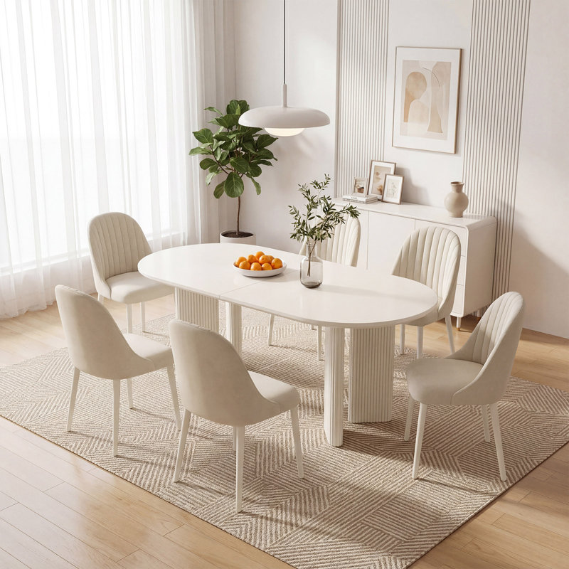 Ensemble de table de salle à manger ovale avec 6 chaises, blanc et beige, salle à manger, 7 pièces: table, 6 chaises