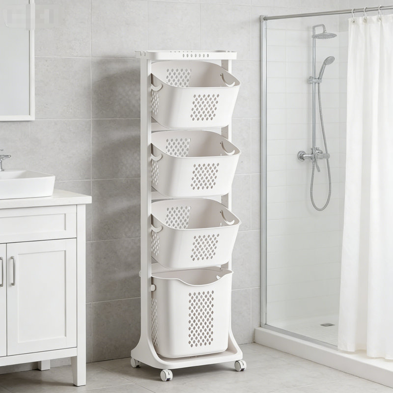 Four-Layer Laundry Basket with Wheels, Which can be Classified and Stored, Easy to Move and Assemble, Simple, White.
